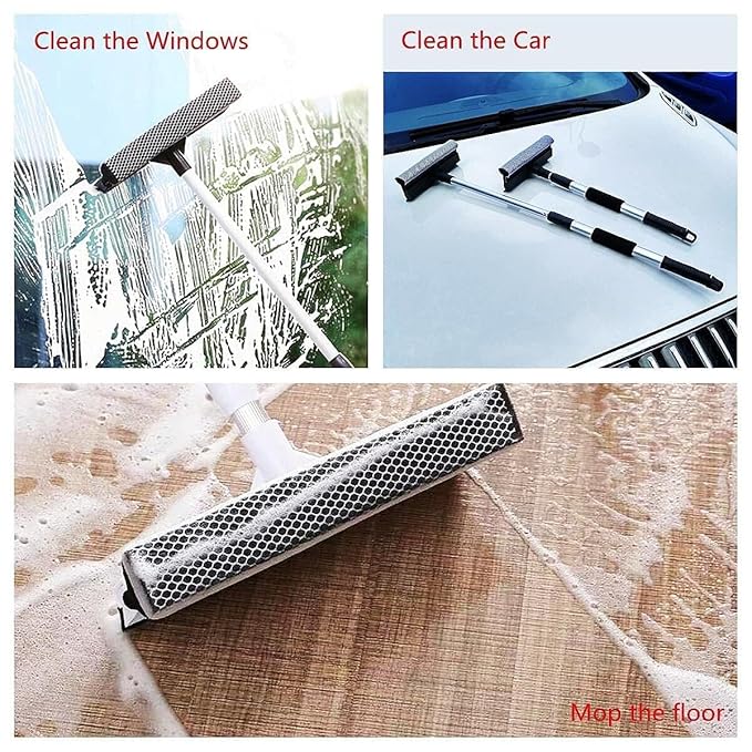 Car Window Cleaning Mop 2 in 1 Glass Cleaning Brush Dual Side Blade Rubber and Sponge Auto Window Cleaning Tool with Extendable Handle | Pack of 1