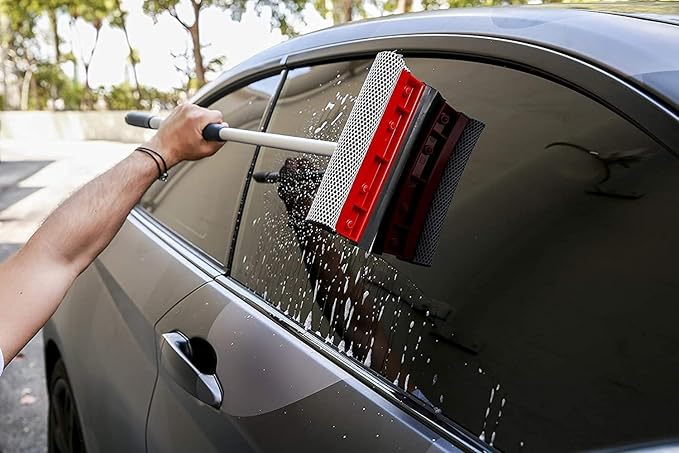 Car Window Cleaning Mop 2 in 1 Glass Cleaning Brush Dual Side Blade Rubber and Sponge Auto Window Cleaning Tool with Extendable Handle | Pack of 1